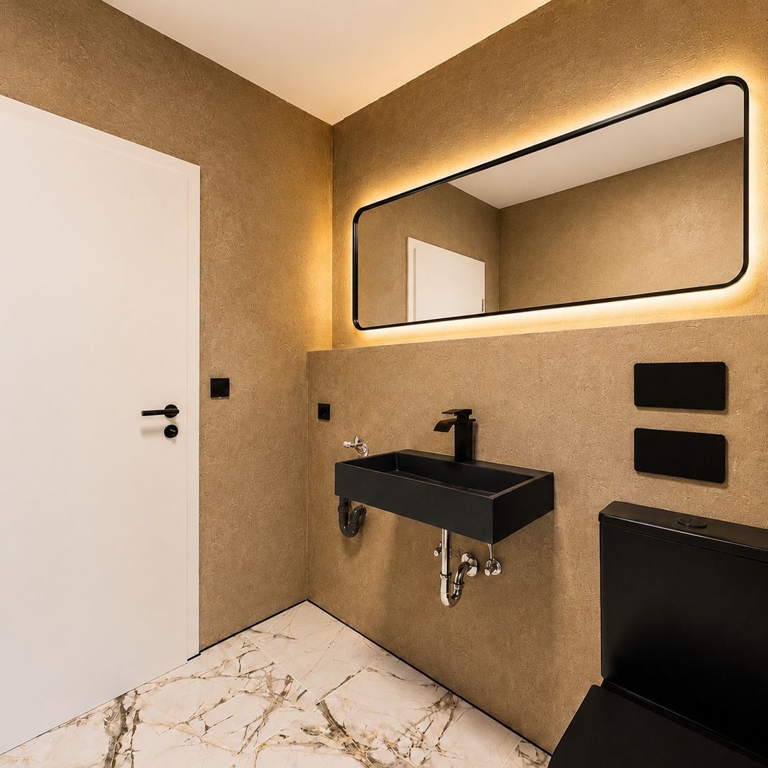 Gäste-WC mit beleuchtetem Spiegel und dunklem Waschbecken