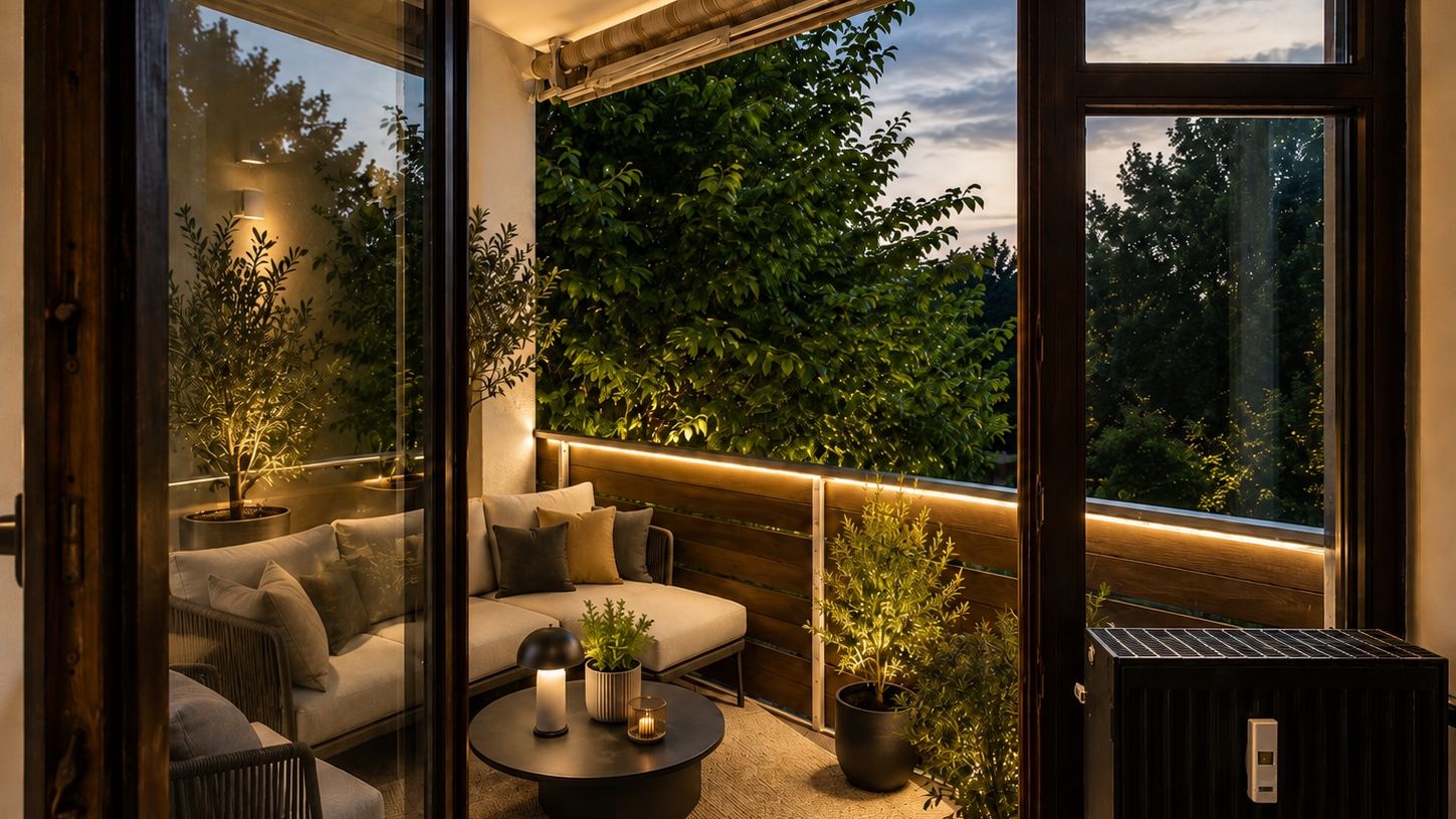 Überdachter Balkon mit Sitzgruppe, Pflanzen und Blick ins Grüne